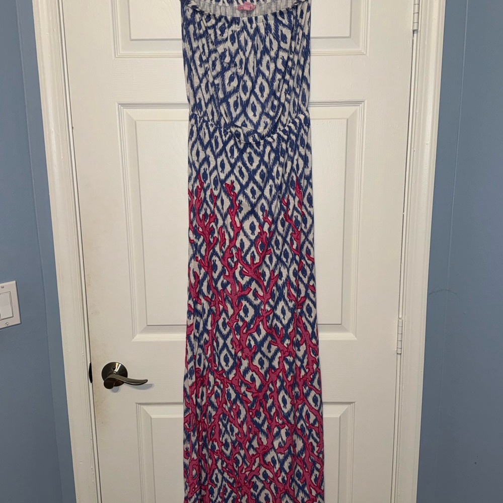 Lilly Pulitzer Blue and White Patterned Strapless Maxi